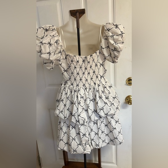 Large Peach Love California Black/White Ribbons & Ruffles Bubble Hem Mini Dress. - Picture 2 of 2